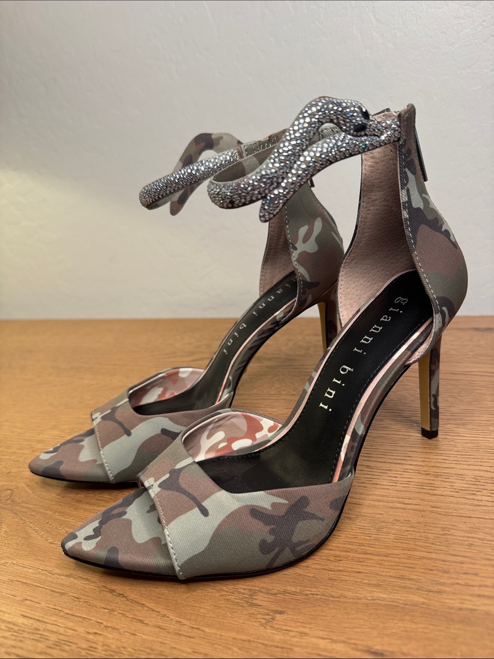 Gianni Bini Camo Ankle-Strap Heels with Crystal Snake Embellishment -Green/Brown